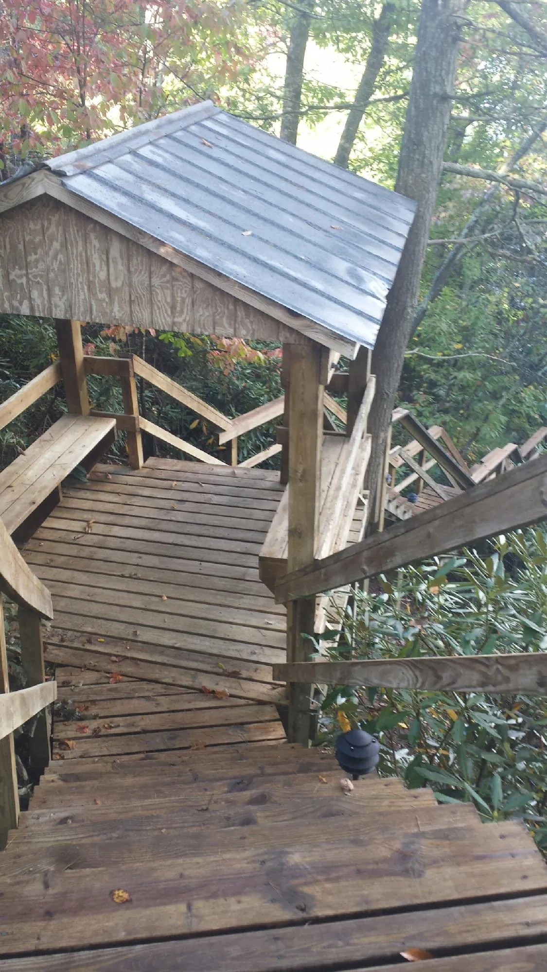 Metal roofed shelter over wooden steps on a wooded walkway — Skylight Repair & Installation work by our crew in Gilby